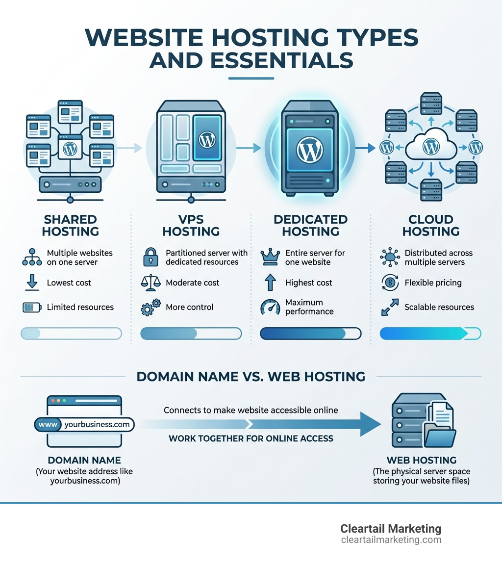 INFOGRAPHIC SHOWING THE RELATIONSHIP BETWEEN WEBSITE HOSTING TYPES: SHARED HOSTING (MULTIPLE WEBSITES ON ONE SERVER, LOWEST COST, LIMITED RESOURCES), VPS HOSTING (PARTITIONED SERVER WITH DEDICATED RESOURCES, MODERATE COST, MORE CONTROL), DEDICATED HOSTING (ENTIRE SERVER FOR ONE WEBSITE, HIGHEST COST, MAXIMUM PERFORMANCE), AND CLOUD HOSTING (DISTRIBUTED ACROSS MULTIPLE SERVERS, FLEXIBLE PRICING, SCALABLE RESOURCES). BELOW SHOWS DOMAIN NAME (YOUR WEBSITE ADDRESS LIKE YOURBUSINESS.COM) VS WEB HOSTING (THE PHYSICAL SERVER SPACE STORING YOUR WEBSITE FILES), CONNECTED BY AN ARROW INDICATING THEY WORK TOGETHER TO MAKE YOUR WEBSITE ACCESSIBLE ONLINE. - WEBSITE HOSTING FOR BUSINESS INFOGRAPHIC 