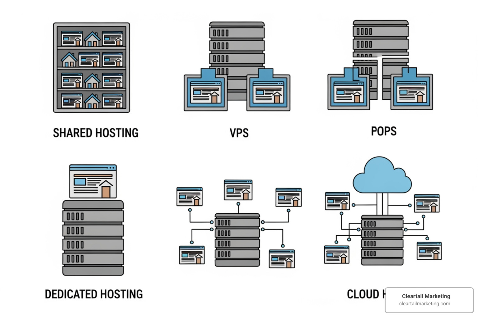 ICONS REPRESENTING SHARED, VPS, DEDICATED, AND CLOUD HOSTING - WEBSITE HOSTING FOR BUSINESS