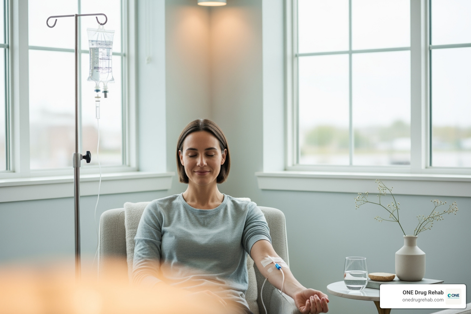 A person receiving IV hydration therapy in a bright, calm setting, looking relaxed and comfortable. - breakthrough wellness center