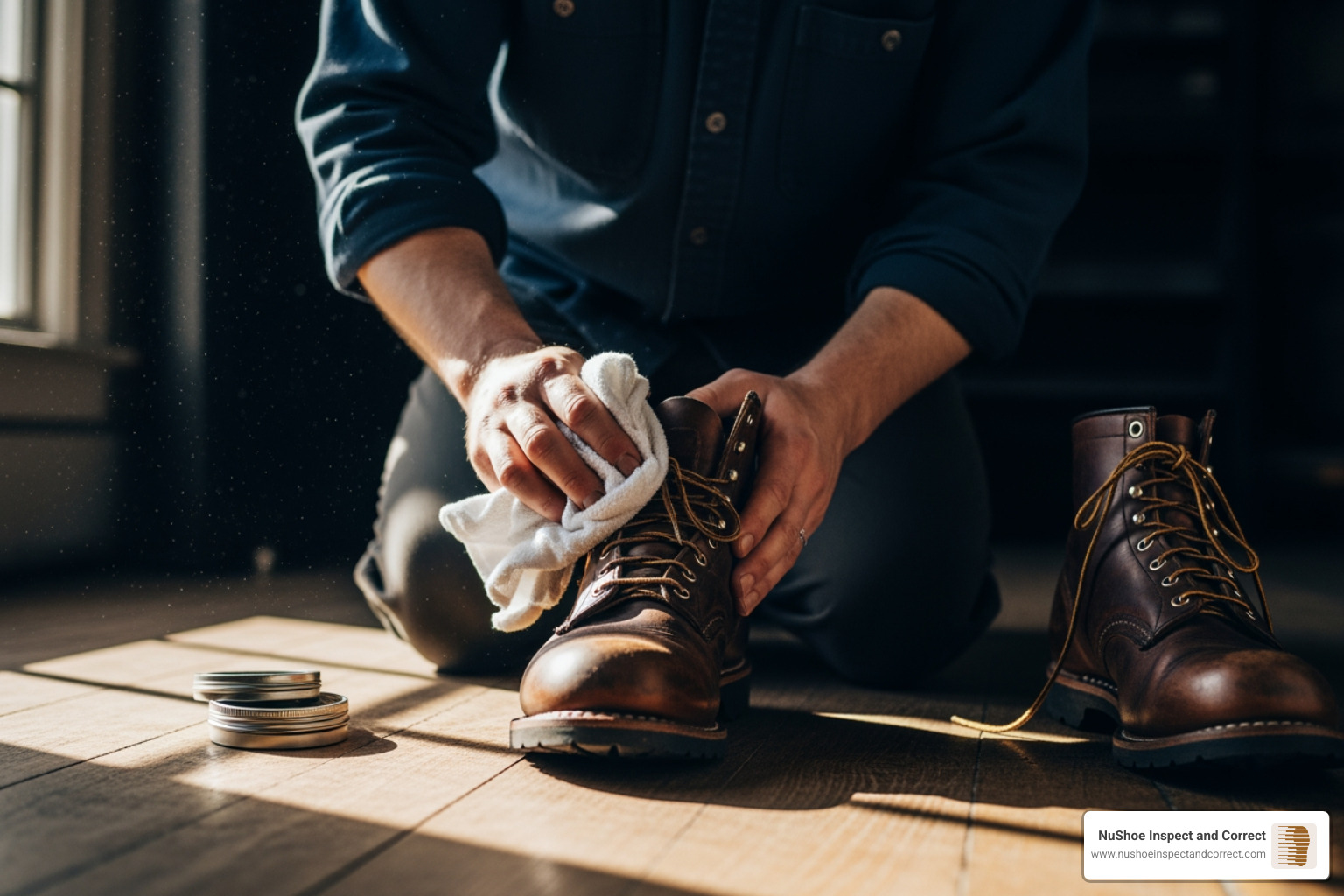 person carefully wiping a leather boot with a cloth - how to get mildew out of shoes person carefully wiping a leather boot with a cloth - how to get mildew out of shoes