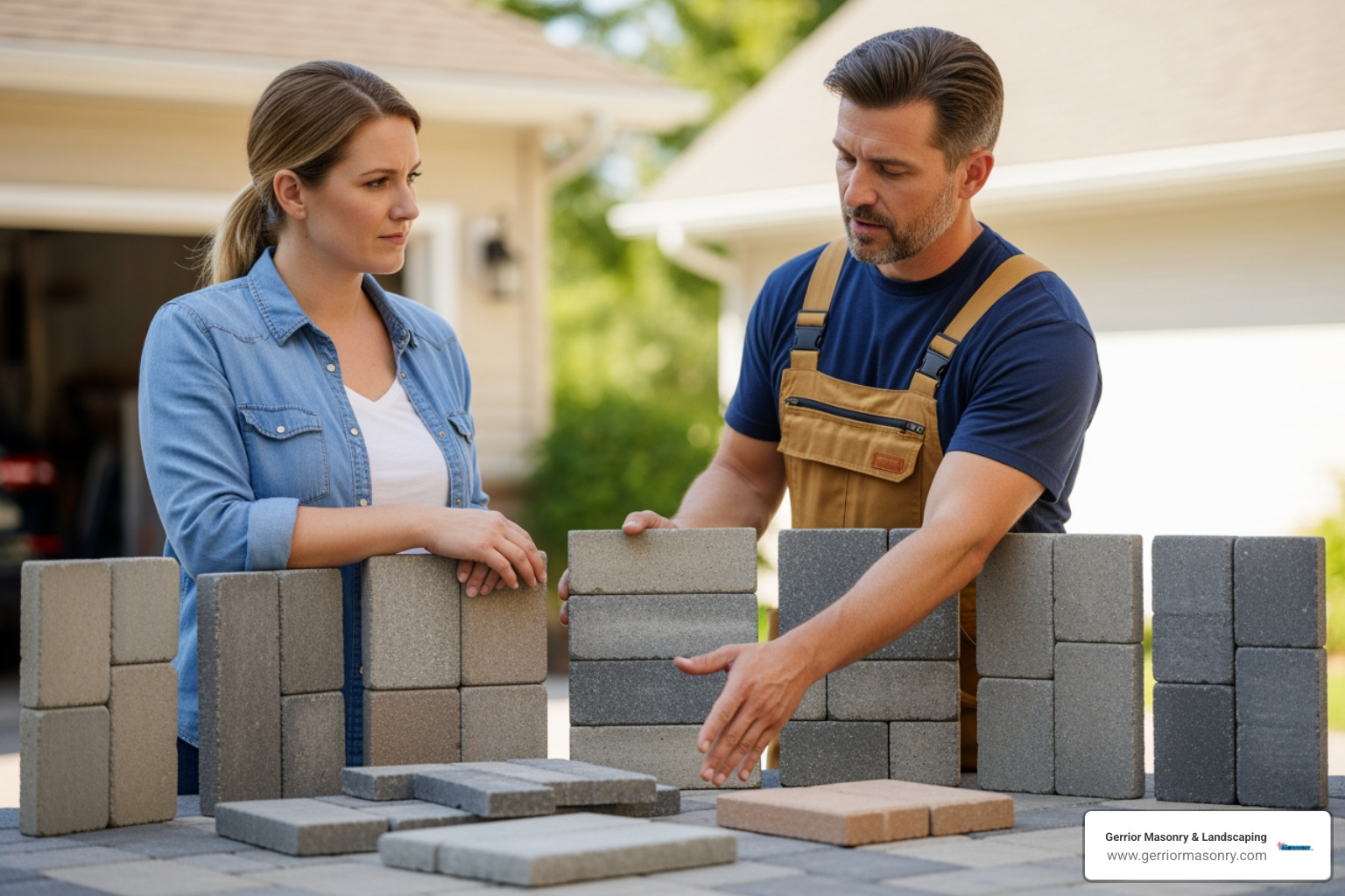 gerrior masonry contractor showing paver samples - block paving installers near me