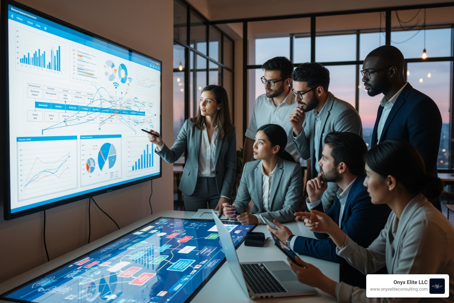 business team collaborating on a digital whiteboard - Technology consulting Connecticut business team collaborating on a digital whiteboard - Technology consulting Connecticut