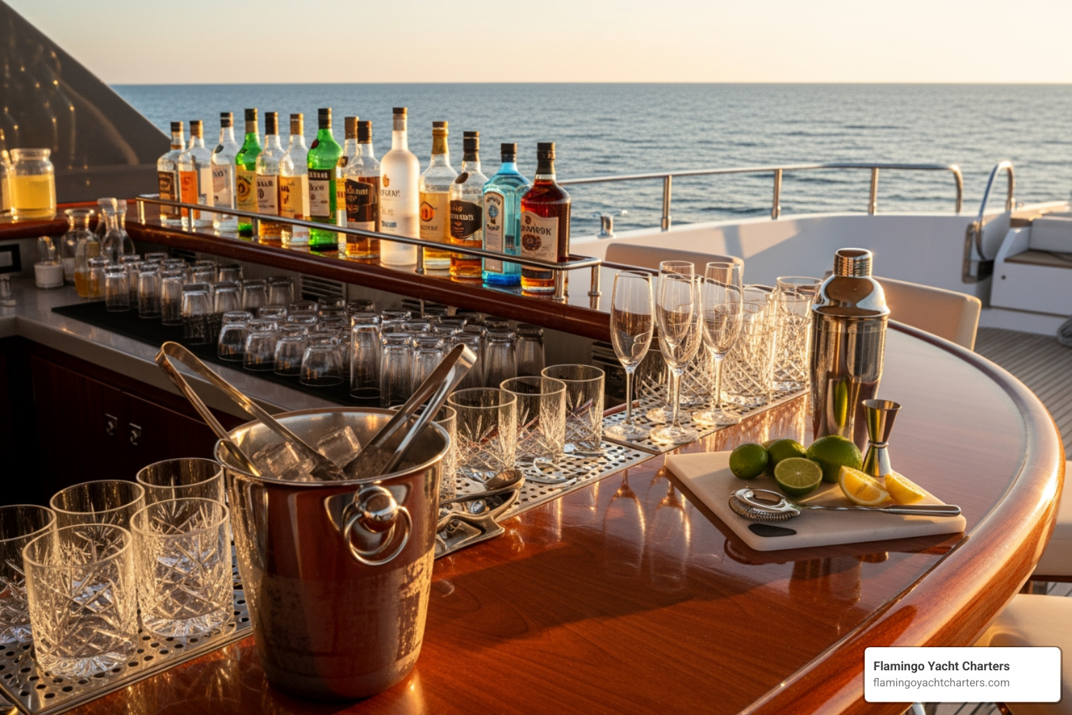 A stylish onboard bar setup on a private yacht, with elegant glassware and a selection of premium spirits - boat party today