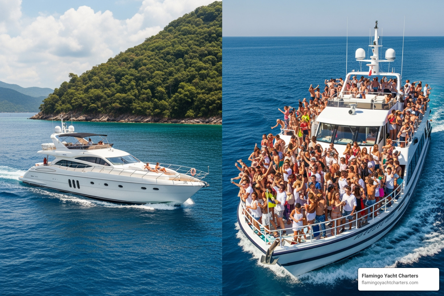 A serene private yacht cruising past a lush coastline, contrasted with a vibrant, crowded public party boat with many people dancing on deck - boat party today