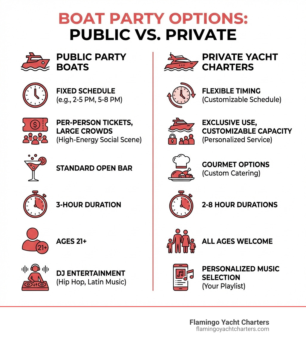 Infographic showing the comparison between public party boats (fixed schedule, per-person tickets, large crowds, standard open bar, 3-hour duration, ages 21+, DJ entertainment) versus private yacht charters (flexible timing, exclusive use, customizable capacity, gourmet options, 2-8 hour durations, all ages welcome, personalized music selection) - boat party today infographic 