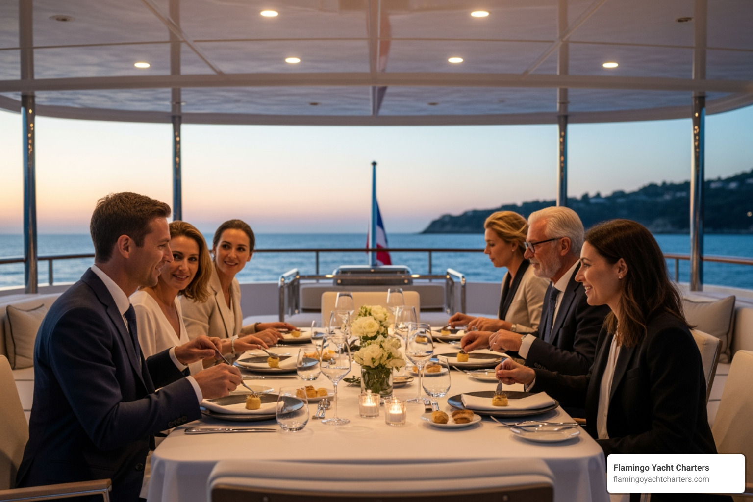 guests enjoying a private dinner on the yacht’s deck - super yacht charter cost