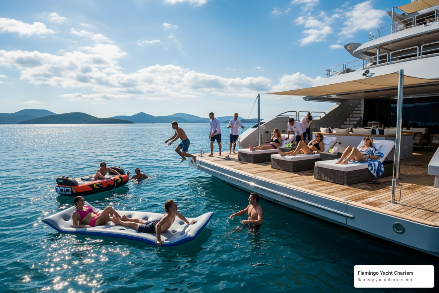 guests using water toys and relaxing on the swim platform - super yacht charter cost