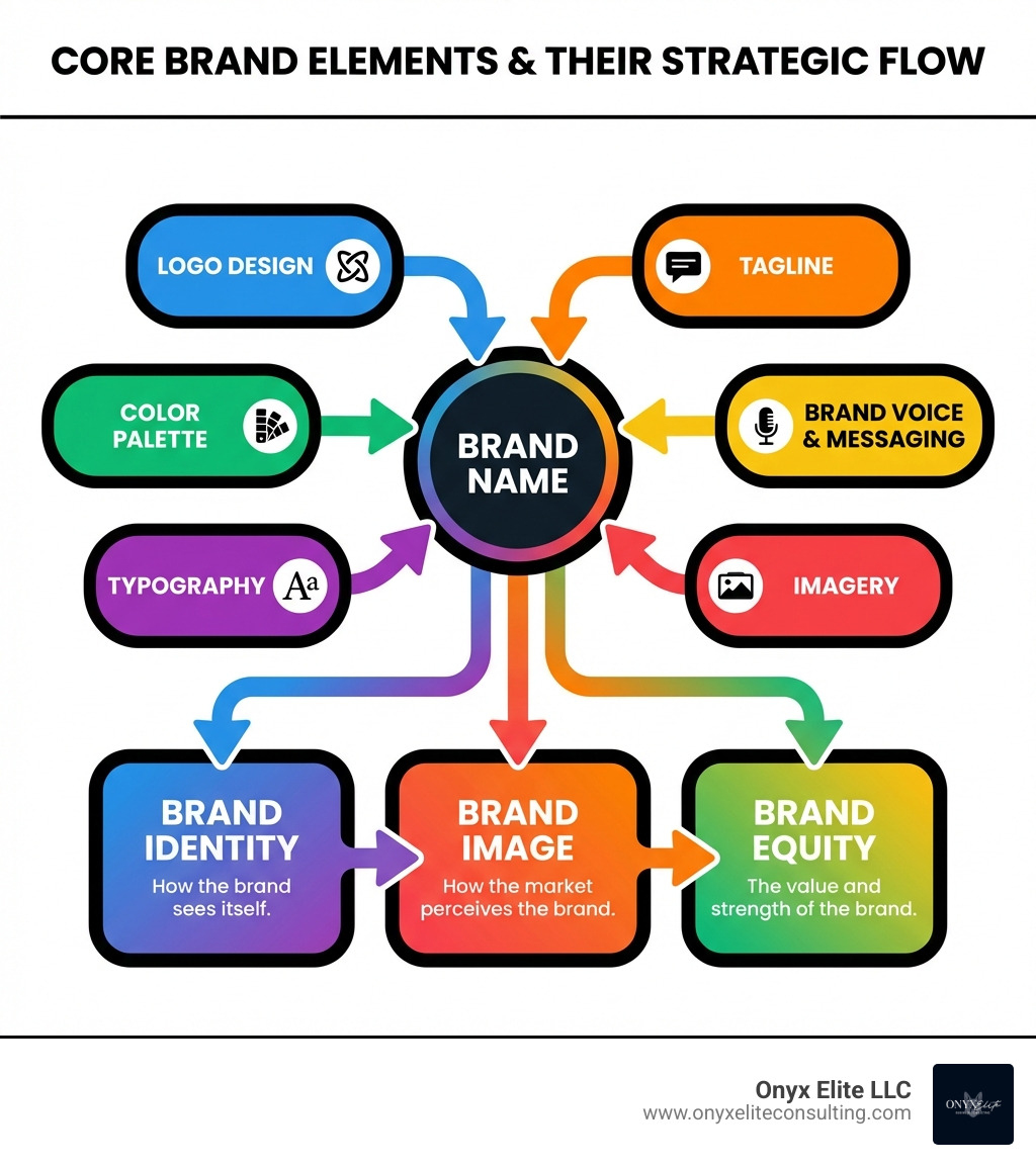 Infographic showing the core brand elements: Brand Name at the center, connected to Logo Design, Color Palette, Typography, Brand Voice & Messaging, Tagline, and Imagery, with arrows indicating how these elements work together to form Brand Identity, which influences Brand Image and ultimately builds Brand Equity - brand elements design infographic Infographic showing the core brand elements: Brand Name at the center, connected to Logo Design, Color Palette, Typography, Brand Voice & Messaging, Tagline, and Imagery, with arrows indicating how these elements work together to form Brand Identity, which influences Brand Image and ultimately builds Brand Equity - brand elements design infographic