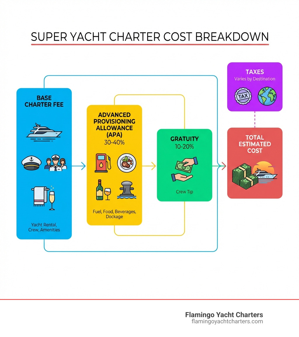 infographic showing breakdown of super yacht charter cost components: Base Charter Fee (yacht rental, crew, amenities), Advanced Provisioning Allowance 30-40% (fuel, food, beverages, dockage), Gratuity 10-20% (crew tip), and Taxes (varies by destination) - super yacht charter cost infographic 