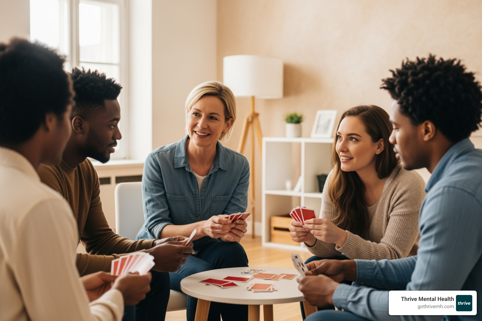 small group therapy session for social skills, showing diverse young adults engaging in a structured activity with a therapist - autism spectrum disorder therapy