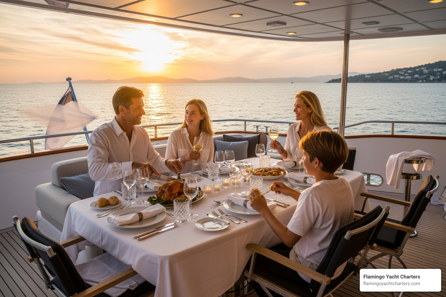 family enjoying a private dinner on the aft deck, surrounded by water views - mothers day dinner cruise