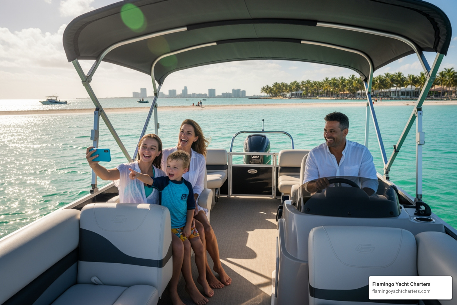 image of a family on a pontoon near a sandbar - boat rentals fort lauderdale prices