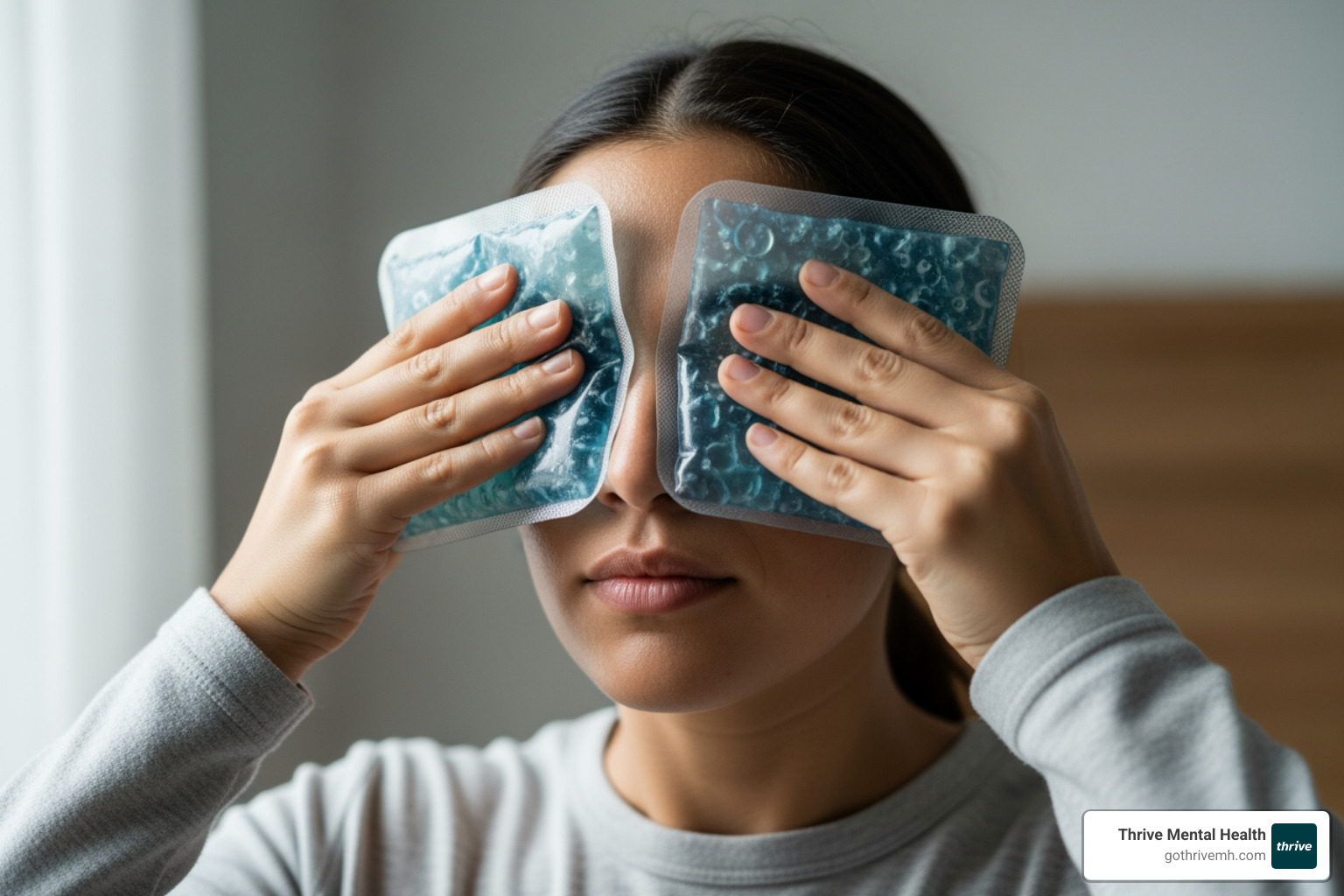 A person using a cold pack on their face to illustrate the TIPP skill, depicting a moment of intense emotional regulation - dbt skills