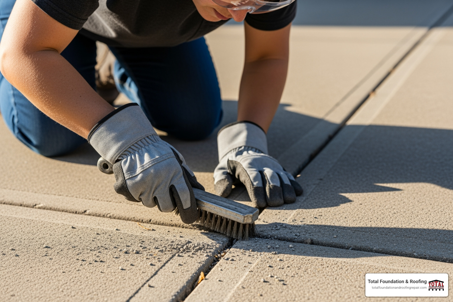 person wearing safety glasses and using a wire brush to clean a concrete crack - best way to fix cracked concrete driveway