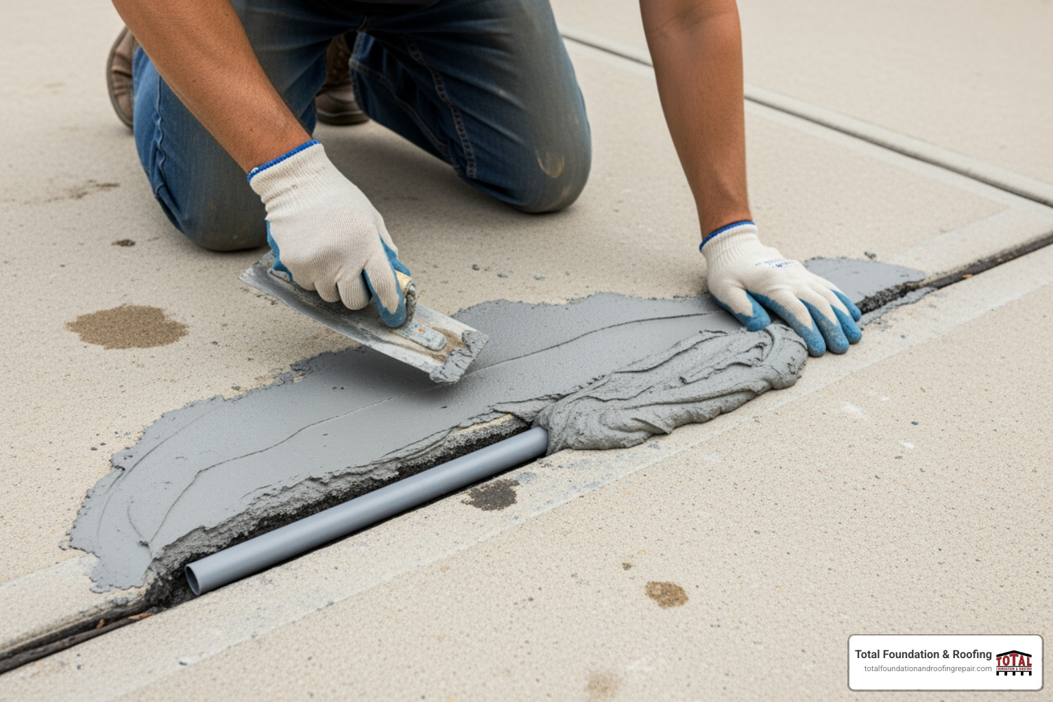 A wide crack being filled with a trowel after a backer rod has been inserted - best way to fix cracked concrete driveway