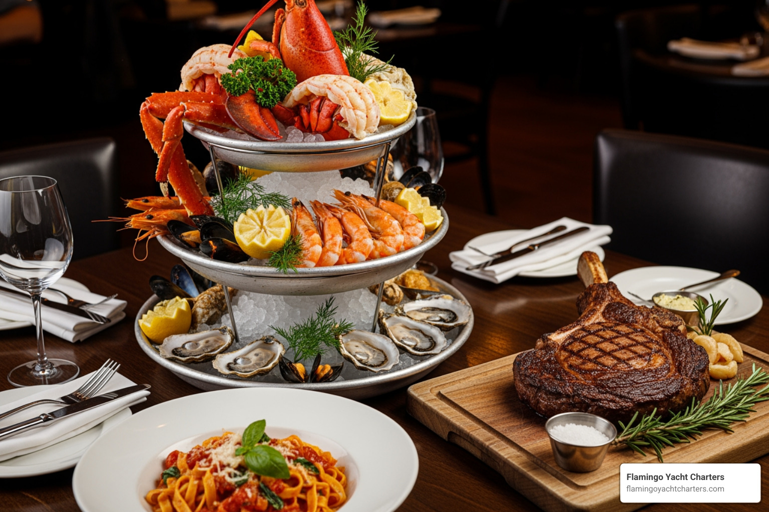 beautifully plated seafood tower next to a dry-aged steak and a bowl of handmade pasta - Fort Lauderdale fine dining