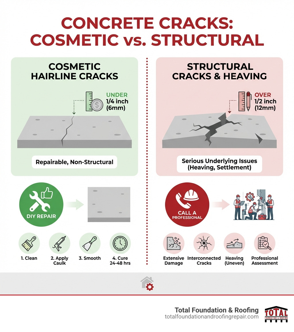 Infographic showing the difference between repairable cosmetic hairline cracks under 1/4 inch versus structural cracks over 1/2 inch with heaving, including visual examples of each crack type and when to DIY versus when to call a professional - best way to fix cracked concrete driveway infographic 