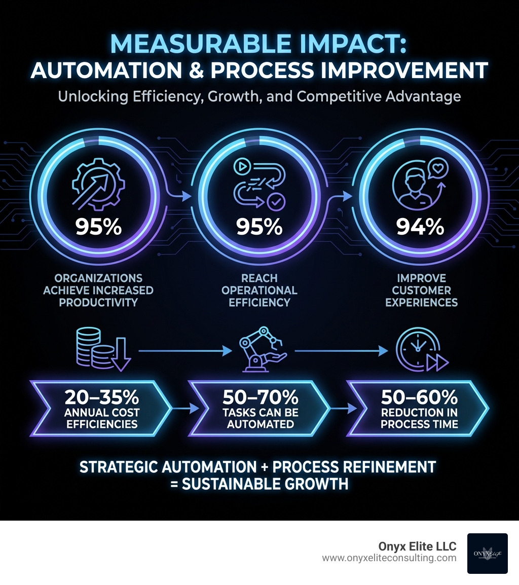 Infographic showing the measurable impact of automation and process improvement: 95% of organizations achieve increased productivity, 95% reach operational efficiency, 94% improve customer experiences, 20-35% annual cost efficiencies, 50-70% of tasks can be automated, and 50-60% reduction in process time - automation and process improvement infographic Infographic showing the measurable impact of automation and process improvement: 95% of organizations achieve increased productivity, 95% reach operational efficiency, 94% improve customer experiences, 20-35% annual cost efficiencies, 50-70% of tasks can be automated, and 50-60% reduction in process time - automation and process improvement infographic