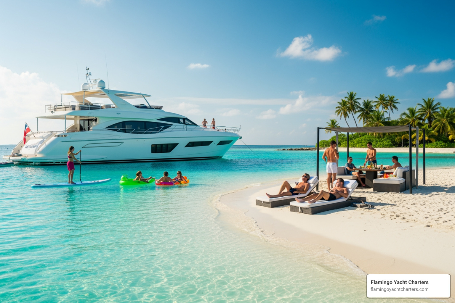 Spacious yacht anchored near a sandbar, guests lounging and swimming; Modern yachts; Mini-yachts; Passenger capacity for small and large groups (up to 49 guests); Onboard amenities designed for comfort and celebration. - Fort Lauderdale party boat rentals
