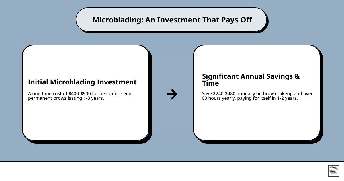 Infographic comparing average microblading cost of $400-$900 one-time investment versus annual cost of $240-$480 for brow pencils, gels, and powders purchased monthly, showing that microblading pays for itself in 1-2 years while also saving 60+ hours per year on daily brow makeup application - microblading cost infographic cause_effect_text