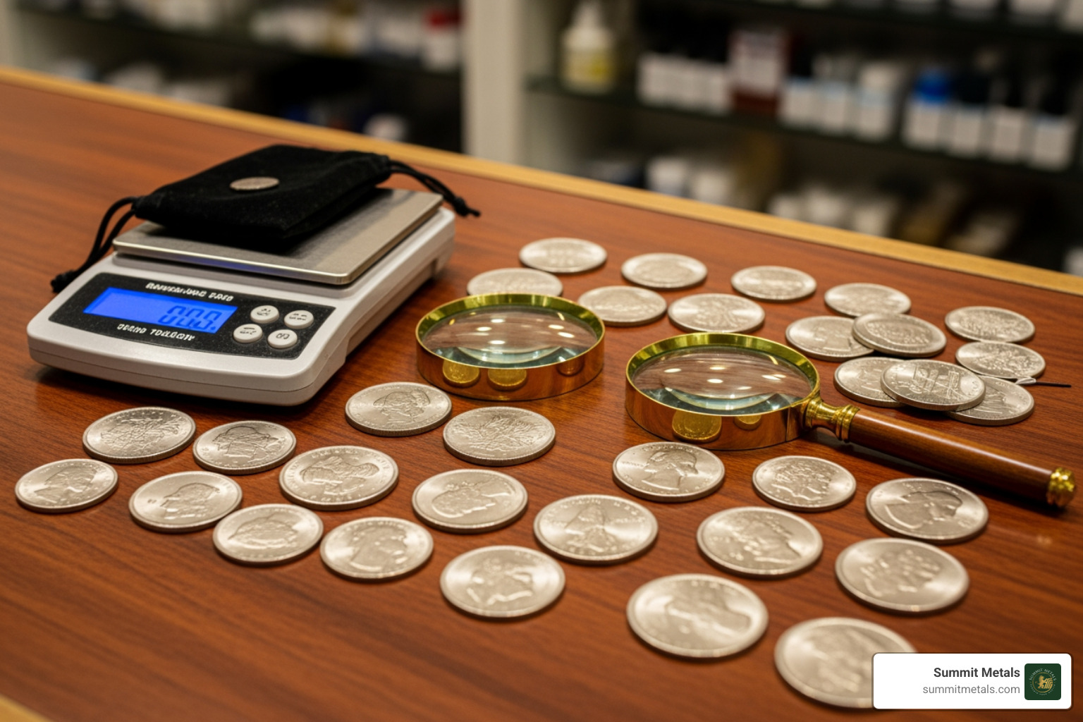 local coin shop counter with scales and coins - selling gold and silver for cash
