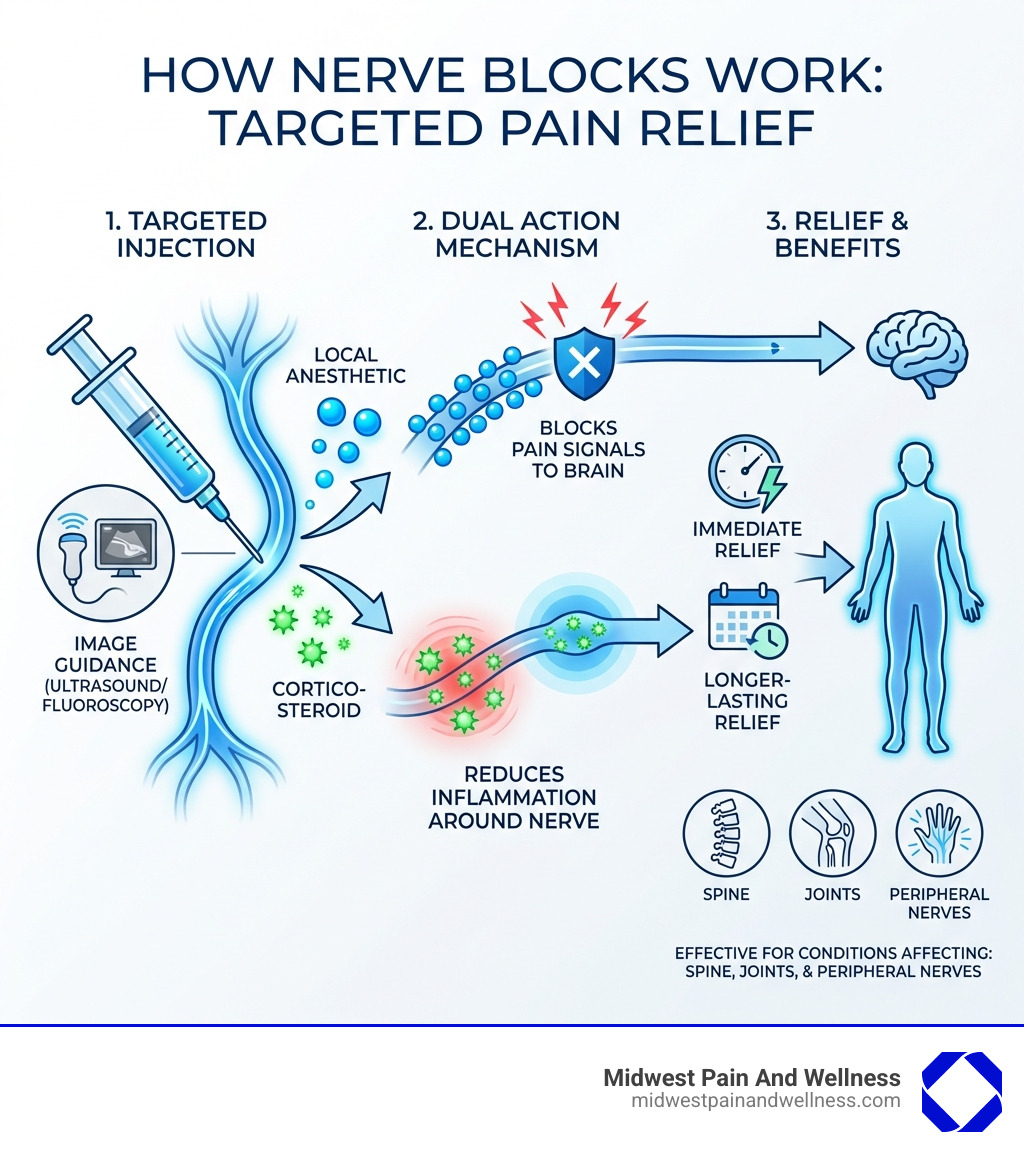 Infographic showing how nerve blocks work: A targeted injection of local anesthetic and corticosteroid medication is administered near the affected nerve using image guidance like ultrasound or fluoroscopy. The anesthetic blocks pain signals from traveling to the brain while the steroid reduces inflammation around the nerve. This dual approach provides both immediate and longer-lasting pain relief for conditions affecting the spine, joints, and peripheral nerves. - nerve block chicago ridge infographic 