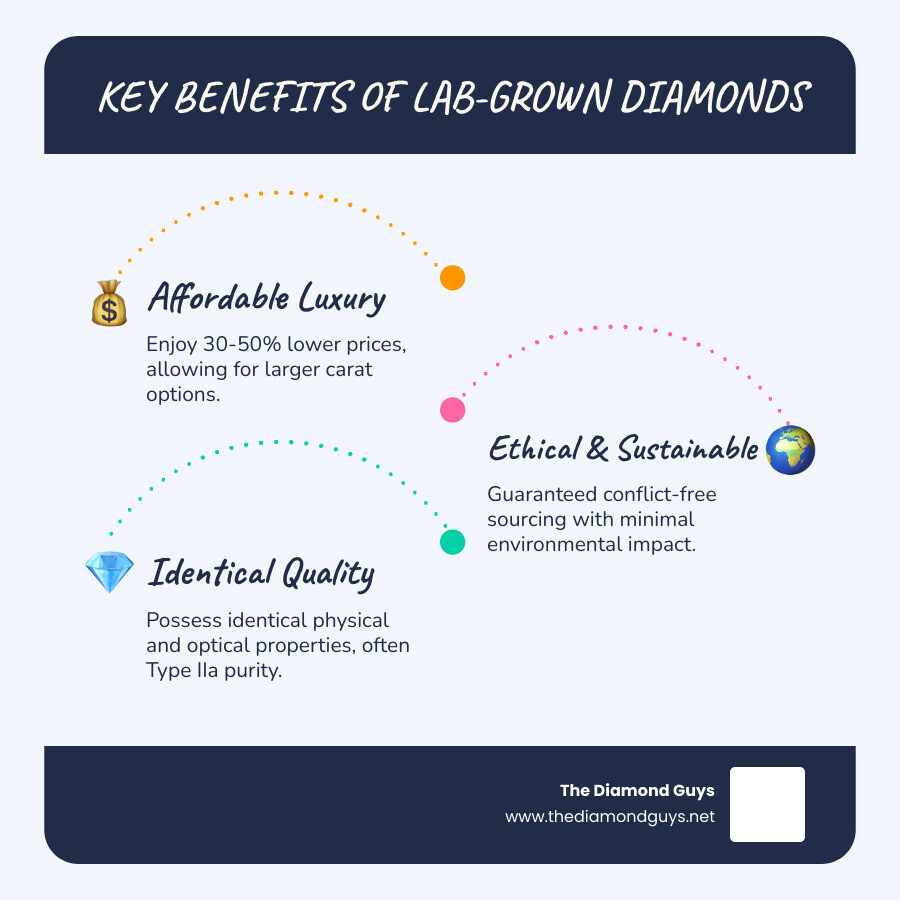 infographic showing three pillars of lab-grown diamond benefits: 30-50% lower price with larger carat options, guaranteed conflict-free ethical sourcing, and identical physical properties to natural diamonds with Type IIa purity - best man made diamonds infographic infographic-line-3-steps-blues-accent_colors infographic showing three pillars of lab-grown diamond benefits: 30-50% lower price with larger carat options, guaranteed conflict-free ethical sourcing, and identical physical properties to natural diamonds with Type IIa purity - best man made diamonds infographic infographic-line-3-steps-blues-accent_colors