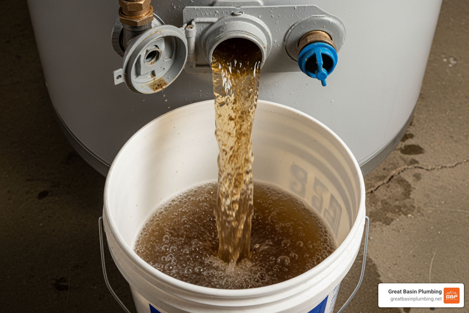 sediment being flushed from a water heater tank into a bucket - water heater flush service