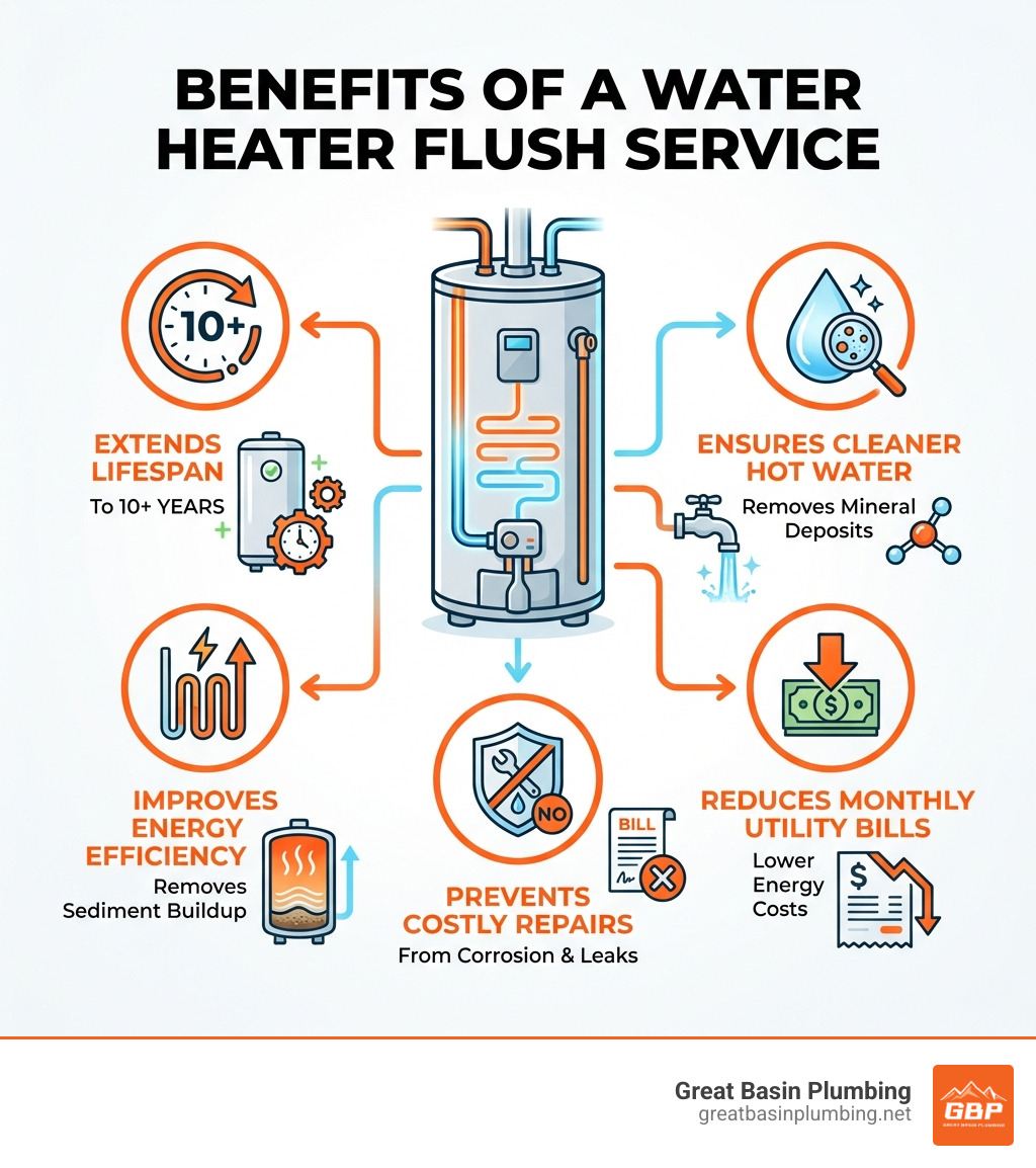Infographic showing the benefits of a water heater flush service: extends water heater lifespan to 10+ years, improves energy efficiency by removing sediment buildup, prevents costly repairs from corrosion and leaks, ensures cleaner hot water by removing mineral deposits, and reduces monthly utility bills - water heater flush service infographic 