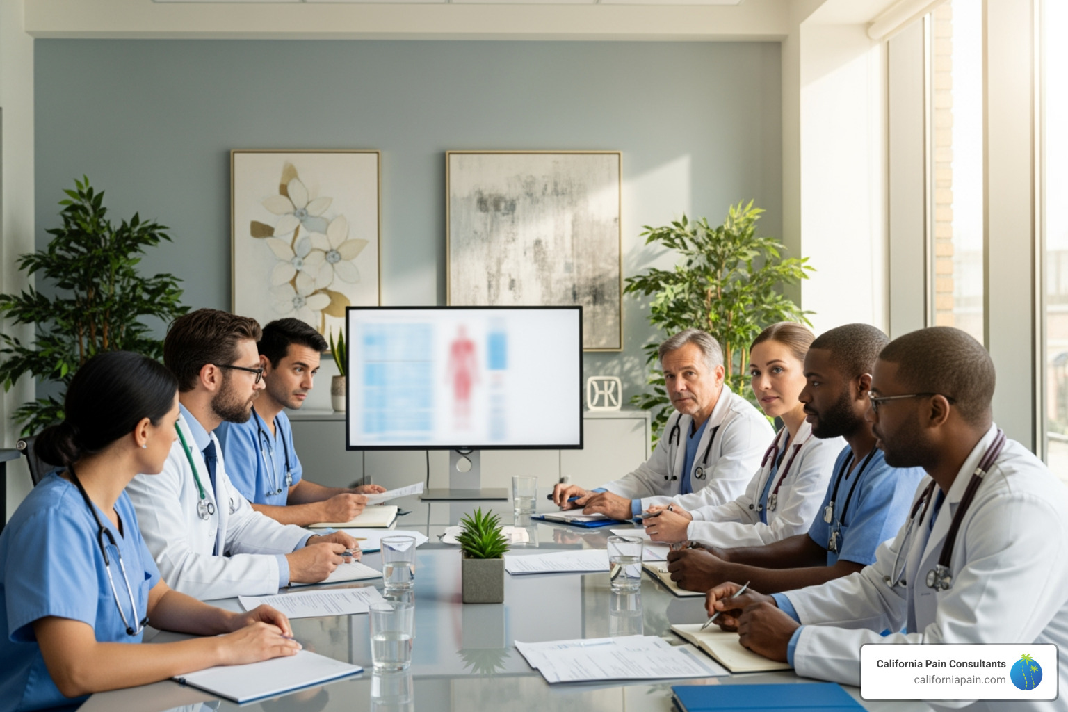 Diverse team of medical professionals in a meeting - back pain relief doctor