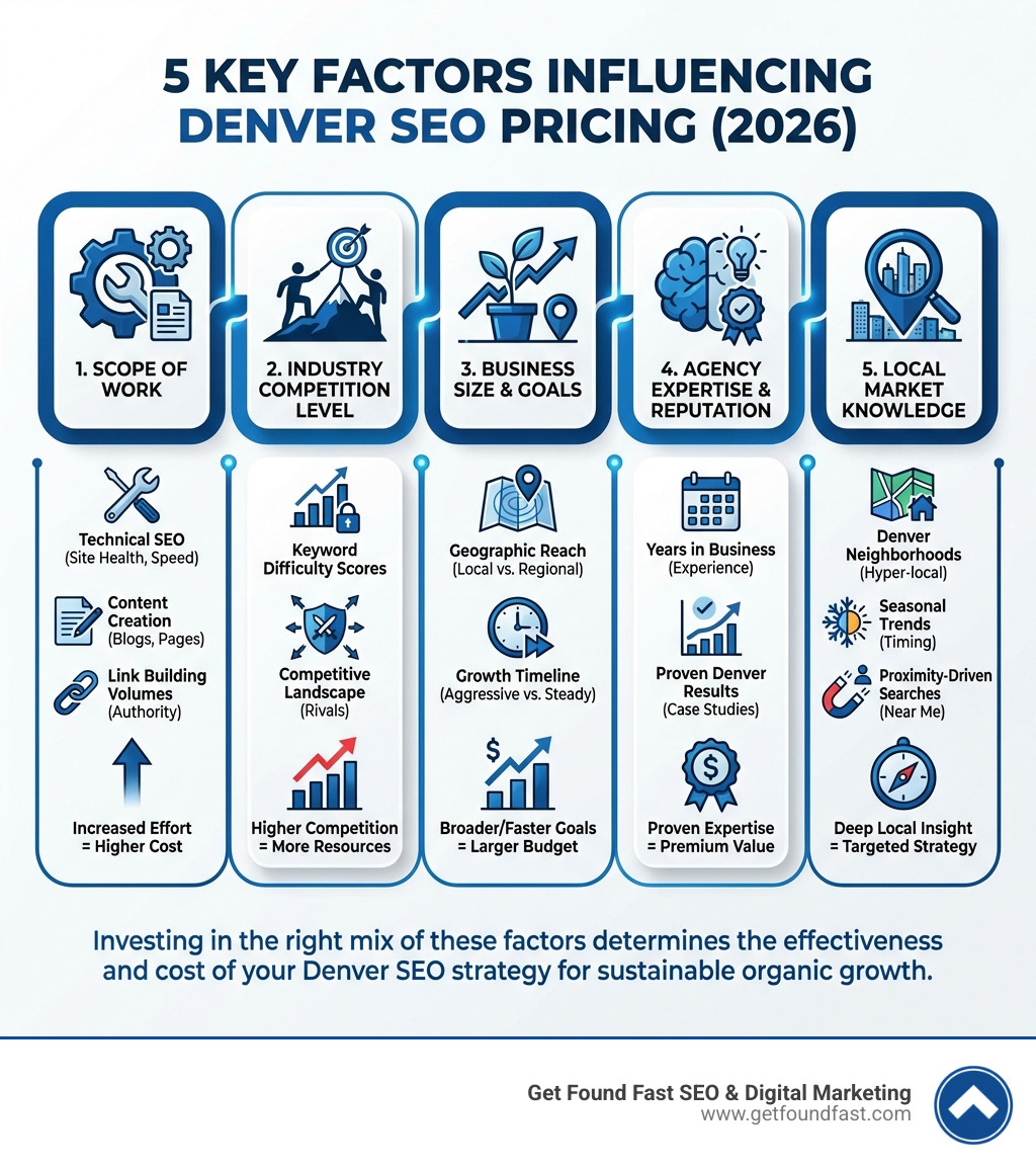 Infographic showing the 5 key factors that influence SEO pricing in Denver: 1) Scope of Work (technical SEO, content creation, link building volumes), 2) Industry Competition Level (keyword difficulty scores and competitive landscape), 3) Business Size & Goals (geographic reach and growth timeline), 4) Agency Expertise & Reputation (years in business and proven Denver results), and 5) Local Market Knowledge (understanding of Denver neighborhoods, seasonal trends, and proximity-driven searches) - SEO pricing Denver infographic Infographic showing the 5 key factors that influence SEO pricing in Denver: 1) Scope of Work (technical SEO, content creation, link building volumes), 2) Industry Competition Level (keyword difficulty scores and competitive landscape), 3) Business Size & Goals (geographic reach and growth timeline), 4) Agency Expertise & Reputation (years in business and proven Denver results), and 5) Local Market Knowledge (understanding of Denver neighborhoods, seasonal trends, and proximity-driven searches) - SEO pricing Denver infographic