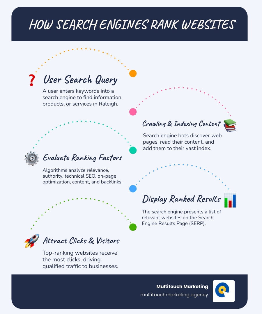 Infographic showing how search engines rank websites: starting with a user search query, then crawling and indexing website content, evaluating ranking factors like relevance and authority through technical SEO, on-page optimization, quality content, and backlinks, and finally displaying ranked results on the search engine results page with top positions receiving the most clicks - seo marketing raleigh infographic infographic-line-5-steps-blues-accent_colors Infographic showing how search engines rank websites: starting with a user search query, then crawling and indexing website content, evaluating ranking factors like relevance and authority through technical SEO, on-page optimization, quality content, and backlinks, and finally displaying ranked results on the search engine results page with top positions receiving the most clicks - seo marketing raleigh infographic infographic-line-5-steps-blues-accent_colors