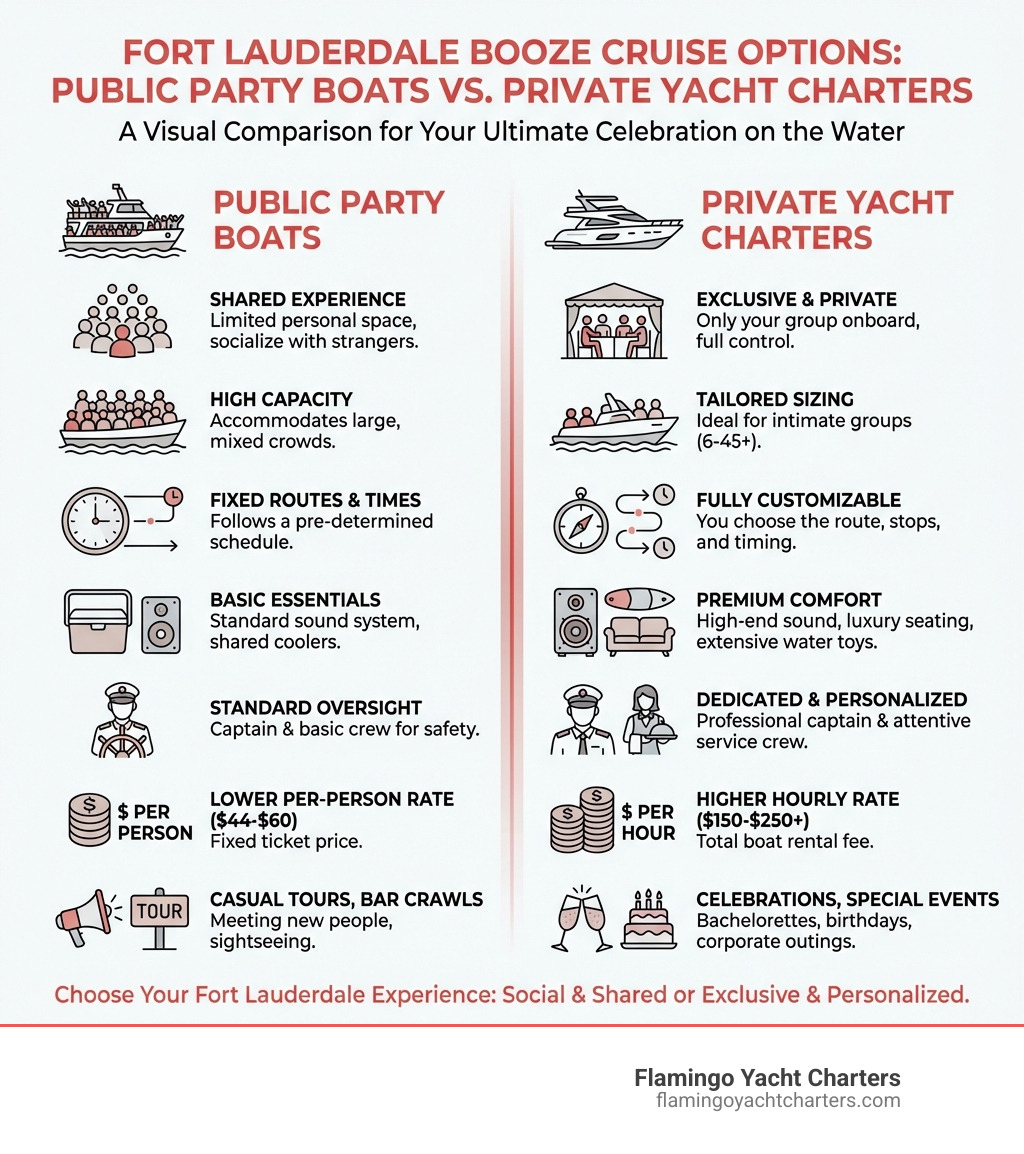 Infographic comparing public party boats versus private yacht charters in Fort Lauderdale, showing differences in privacy level, guest capacity, itinerary flexibility, onboard amenities, crew service, cost structure, and ideal use cases for celebrations - all-inclusive booze cruise fort lauderdale infographic 