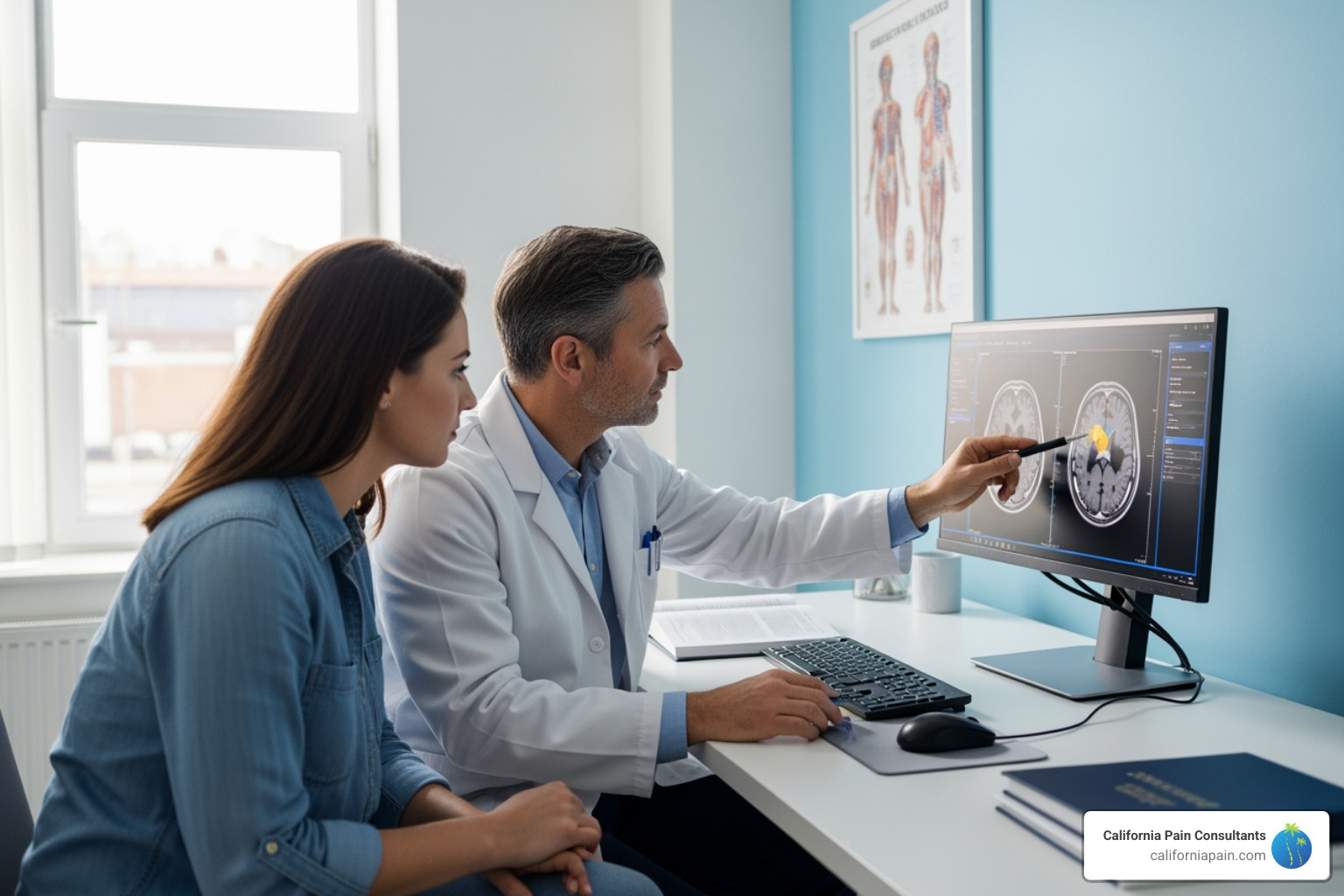 Doctor reviewing an MRI scan with a patient - back pain relief doctor