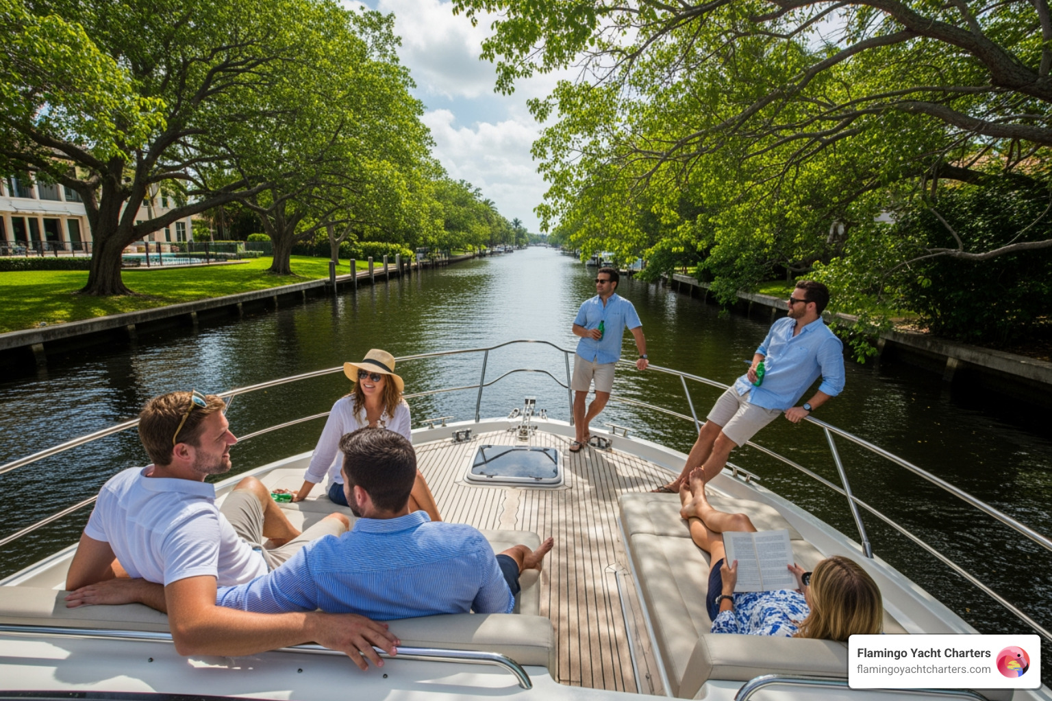 Family or group enjoying a relaxed moment on a private yacht in a quiet canal - Fort Lauderdale waterways tour Family or group enjoying a relaxed moment on a private yacht in a quiet canal - Fort Lauderdale waterways tour