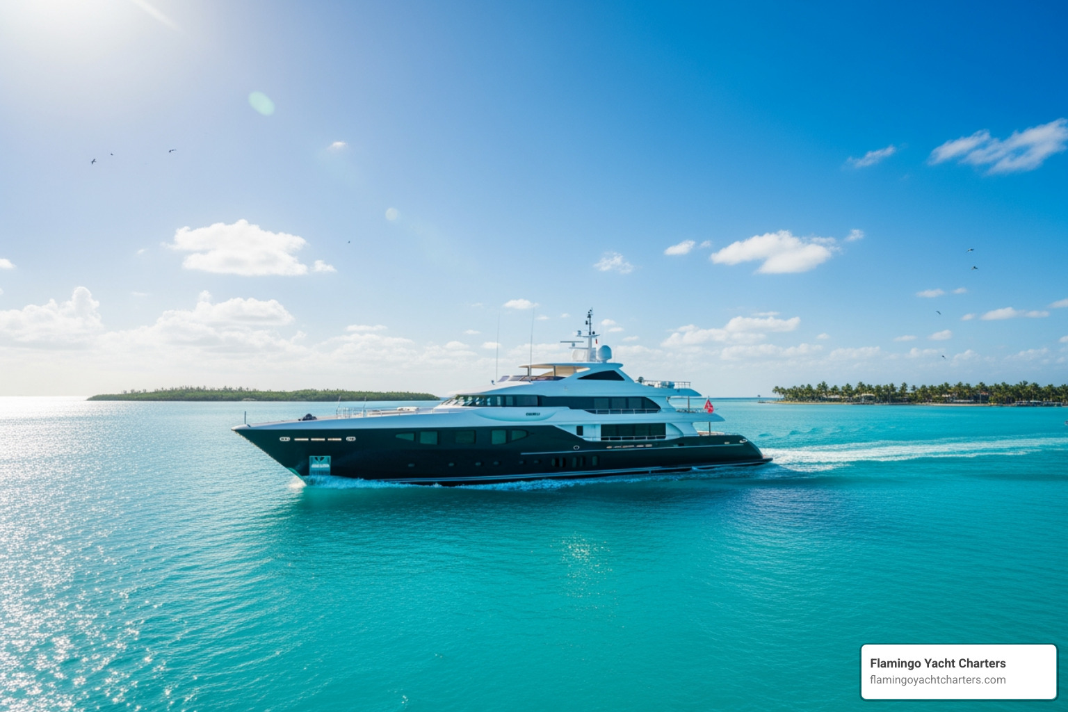 A sleek superyacht cruising through crystal-clear turquoise waters near the Florida Keys under a bright sunny sky - super yachts for charter
