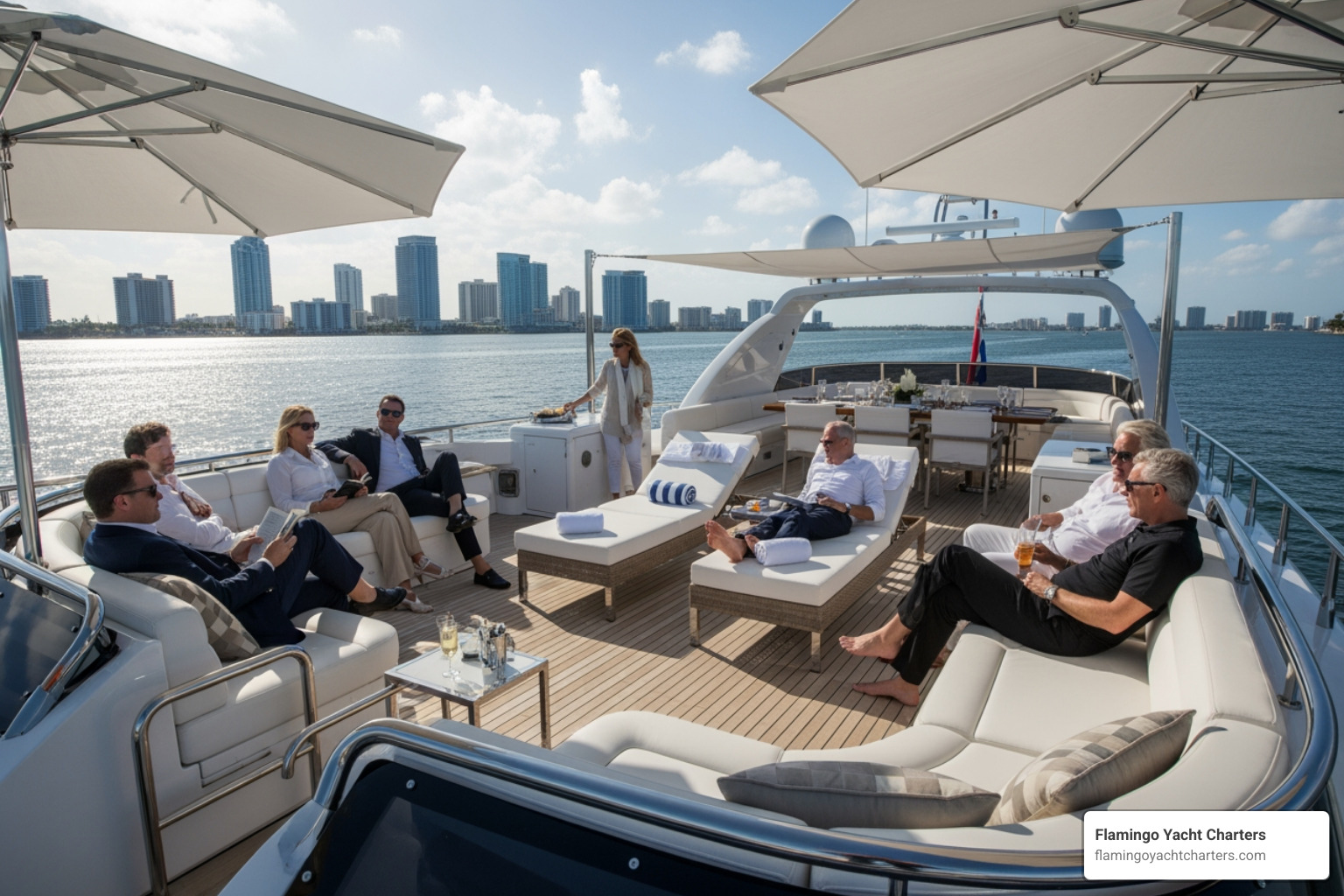 Guests relaxing on a spacious yacht deck with comfortable seating and shaded areas, enjoying the Fort Lauderdale skyline in the background - all-inclusive booze cruise fort lauderdale