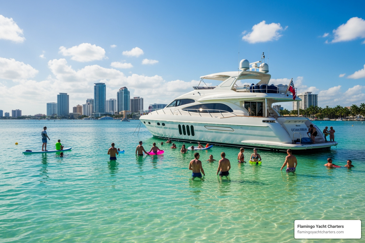 a yacht anchored at the Fort Lauderdale sandbar with guests swimming in clear water - all-inclusive booze cruise fort lauderdale