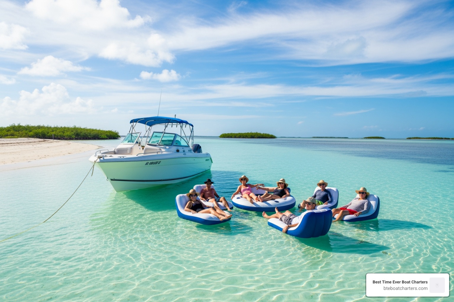 A private boat anchored at a secluded Key West sandbar, with crystal-clear turquoise water and a small group of people relaxing on floats - private boat charters key west