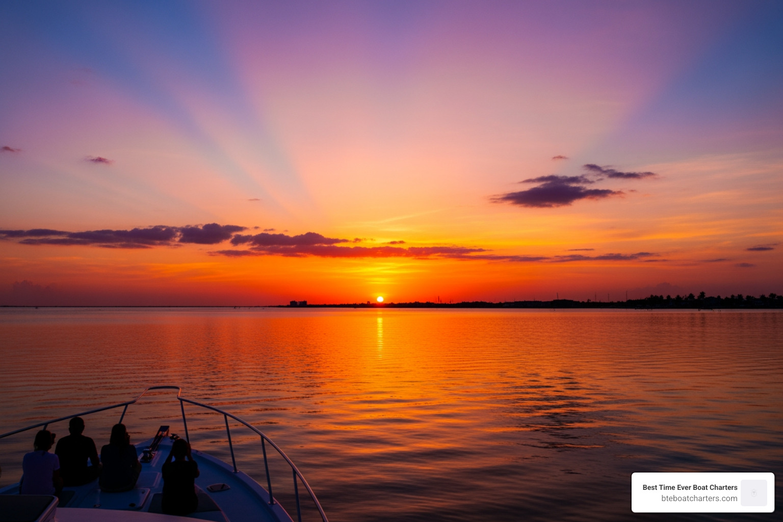 A breathtaking Key West sunset viewed from a private boat, with vibrant colors reflecting on the calm water - private boat charters key west