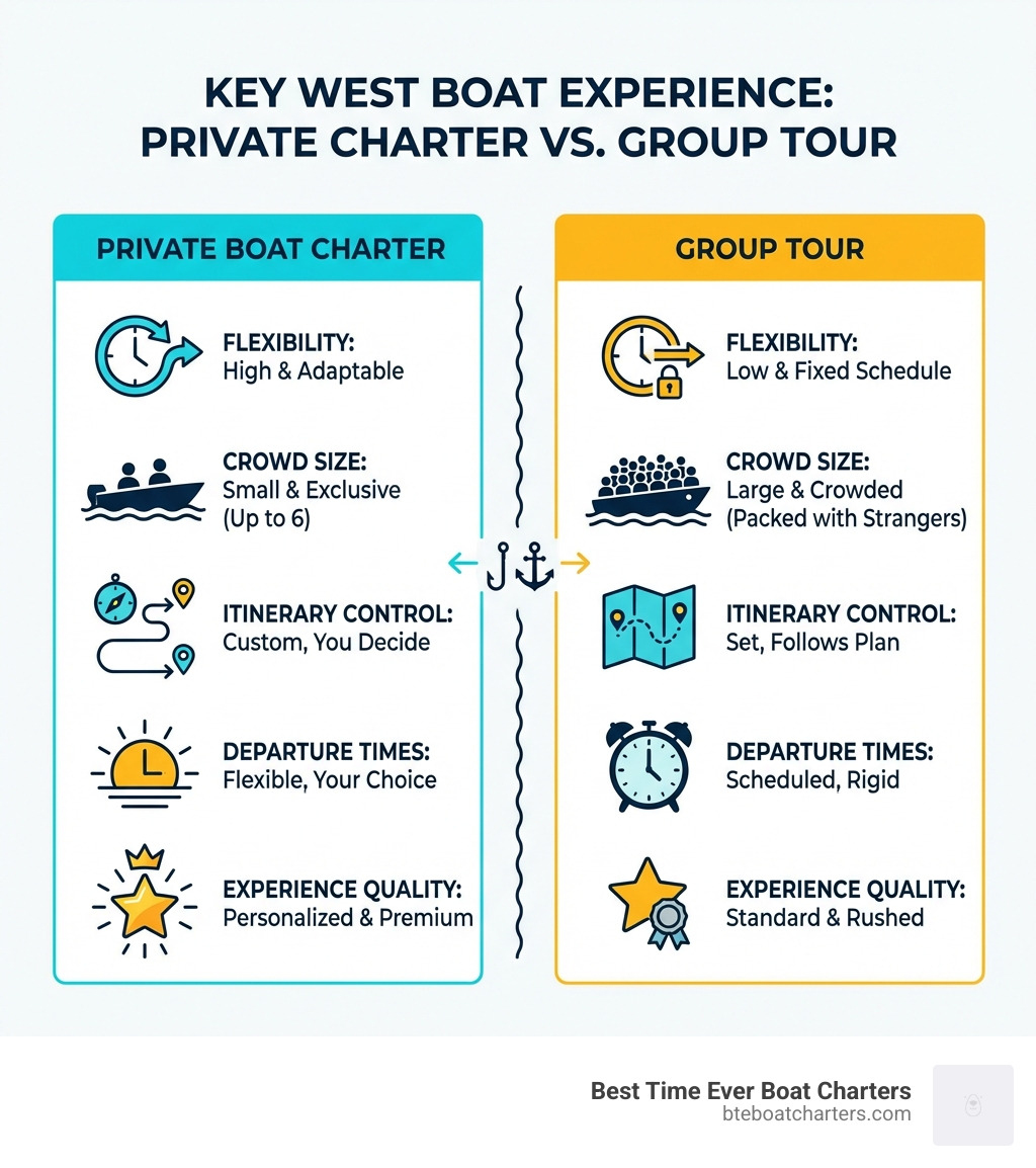 Infographic comparing private boat charters vs group tours in Key West, showing differences in flexibility, crowd size, itinerary control, departure times, and overall experience quality - private boat charters key west infographic 