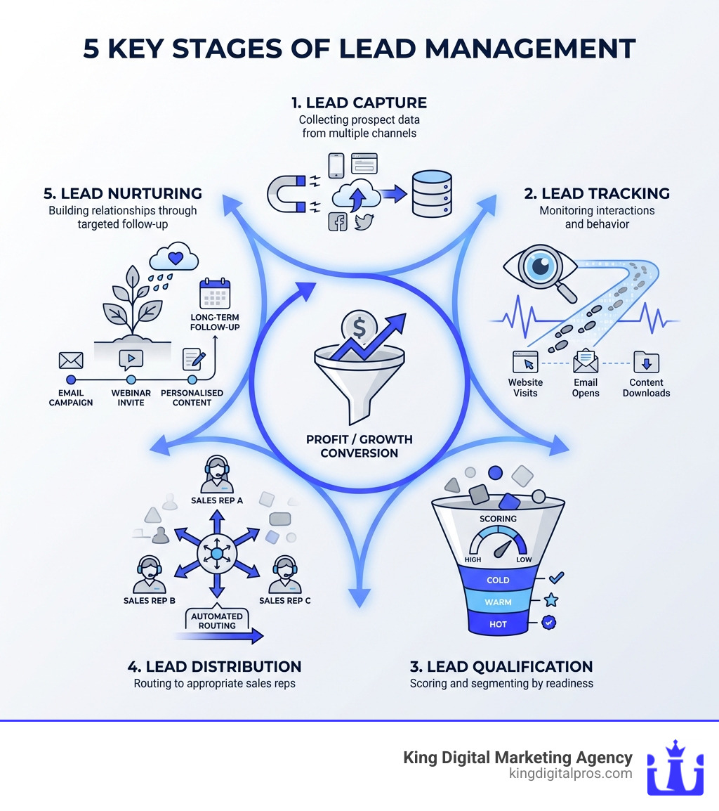 Infographic showing the 5 key stages of lead management: Lead Capture (collecting prospect data from multiple channels), Lead Tracking (monitoring interactions and behavior), Lead Qualification (scoring and segmenting by readiness), Lead Distribution (routing to appropriate sales reps), and Lead Nurturing (building relationships through targeted follow-up) - manage leads infographic Infographic Showing The 5 Key Stages Of Lead Management: Lead Capture (Collecting Prospect Data From Multiple Channels), Lead Tracking (Monitoring Interactions And Behavior), Lead Qualification (Scoring And Segmenting By Readiness), Lead Distribution (Routing To Appropriate Sales Reps), And Lead Nurturing (Building Relationships Through Targeted Follow-Up) - Manage Leads Infographic