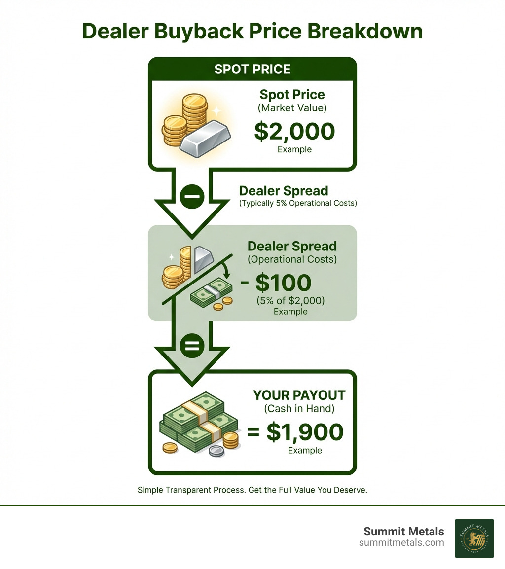 Infographic showing the breakdown of a dealer's buyback price: Starting with Spot Price at the top, minus Dealer Spread (typically 5% operational costs), equals Your Payout at the bottom. Shows example: $2,000 spot price - $100 spread = $1,900 payout - selling gold and silver for cash infographic 