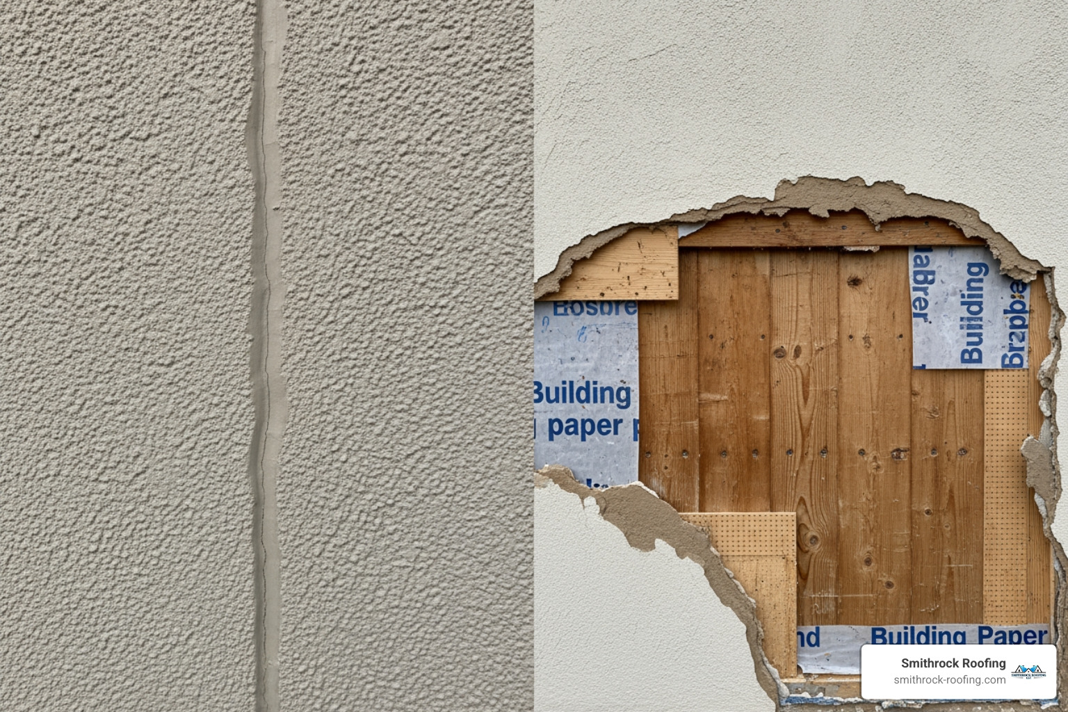 side-by-side comparison of small crack repair and large water damage repair on a stucco wall - cost to repair stucco siding