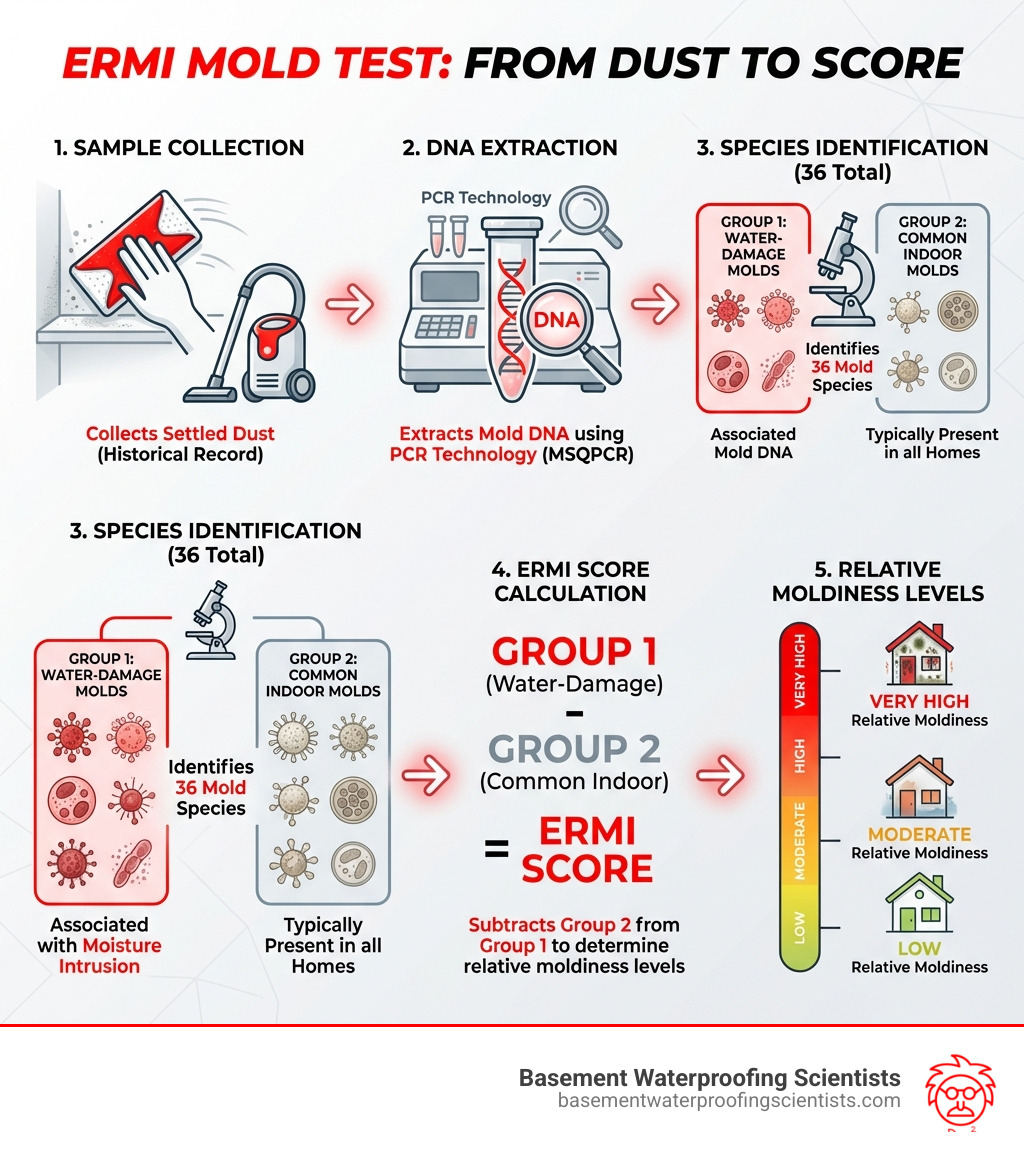infographic showing how ERMI test collects settled dust samples, extracts mold DNA using PCR technology, identifies 36 mold species divided into Group 1 water-damage molds and Group 2 common indoor molds, then calculates an ERMI score by subtracting Group 2 from Group 1 to determine relative moldiness levels from low to very high - ermi mold test mycometrics infographic infographic showing how ERMI test collects settled dust samples, extracts mold DNA using PCR technology, identifies 36 mold species divided into Group 1 water-damage molds and Group 2 common indoor molds, then calculates an ERMI score by subtracting Group 2 from Group 1 to determine relative moldiness levels from low to very high - ermi mold test mycometrics infographic