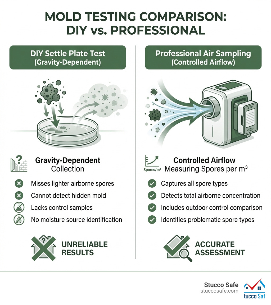 Infographic comparing settle plate DIY mold test showing gravity-dependent spore collection versus professional air sampling with controlled airflow measuring spores per cubic meter, highlighting that DIY kits miss lighter airborne spores, cannot detect hidden mold, lack control samples, and provide no moisture source identification - do home mold test kits work infographic Infographic comparing settle plate DIY mold test showing gravity-dependent spore collection versus professional air sampling with controlled airflow measuring spores per cubic meter, highlighting that DIY kits miss lighter airborne spores, cannot detect hidden mold, lack control samples, and provide no moisture source identification - do home mold test kits work infographic