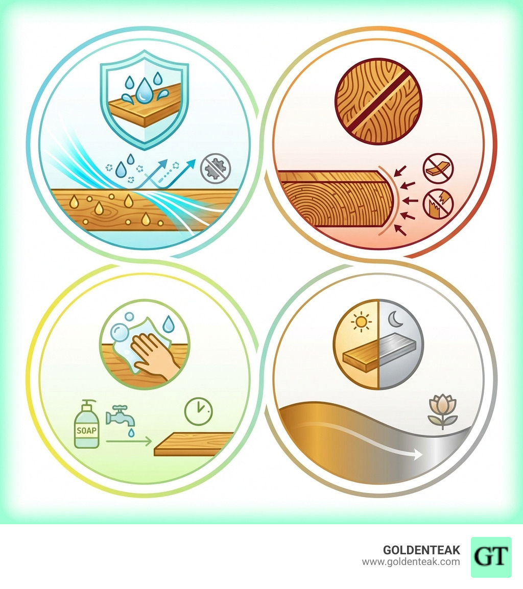 Infographic showing the four primary benefits of Grade A teak for commercial use: Weather Resistance with natural oils repelling moisture and preventing rot, Structural Strength with dense grain preventing warping and splintering, Low Maintenance requiring only occasional cleaning with soap and water, and Natural Beauty that ages gracefully to a silvery patina - commercial teak bench infographic 