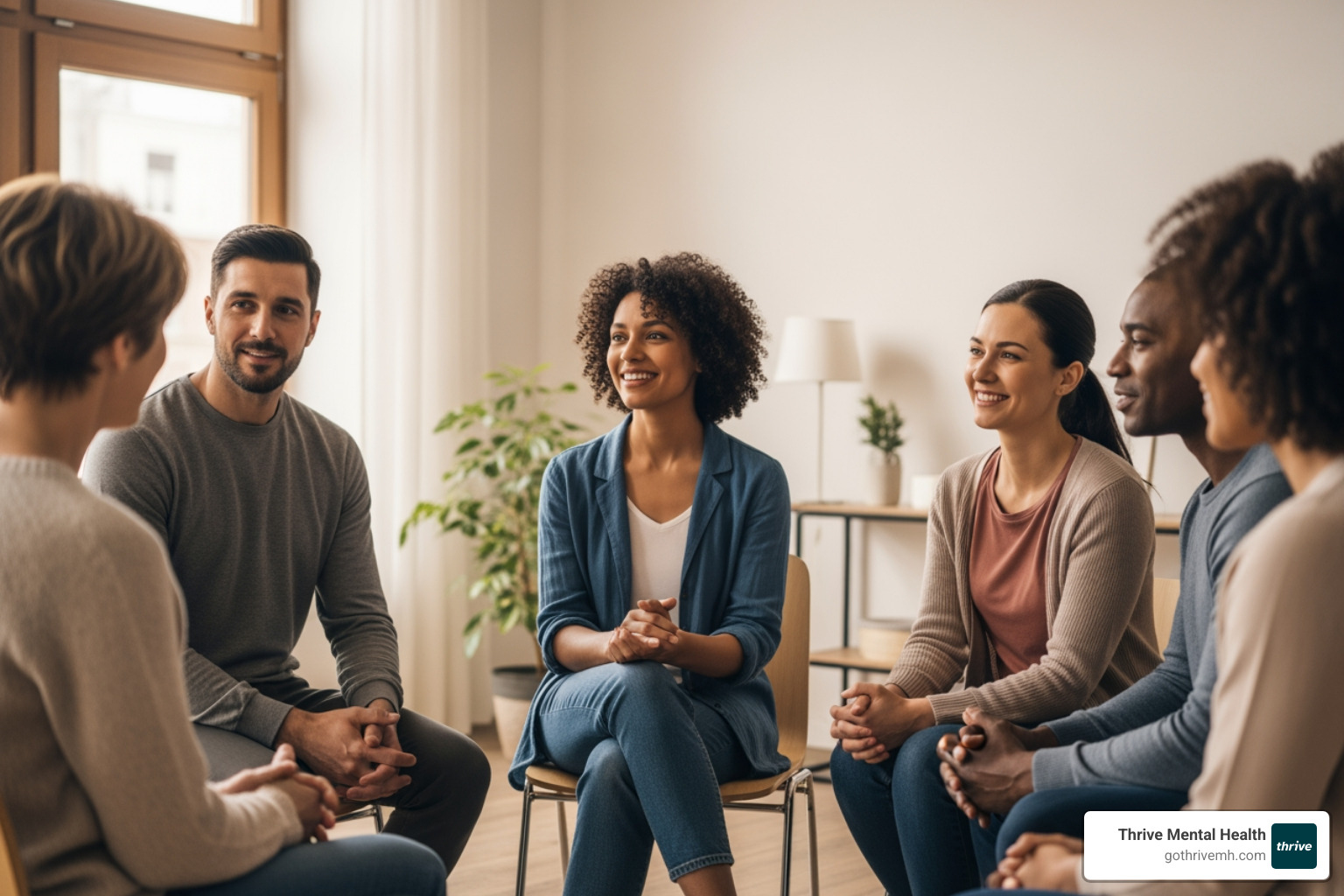 Group therapy session in IOP—diverse, supportive, real people - what does iop stand for in mental health