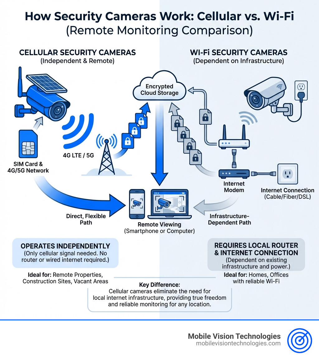 infographic showing how cellular security cameras work: camera captures footage, connects via SIM card to 4G/5G network, transmits encrypted data to cloud storage, allows remote viewing on smartphone or computer. Comparison shows Wi-Fi cameras require local router and internet connection, while cellular cameras operate independently with only cellular signal needed - cellular security cameras infographic 