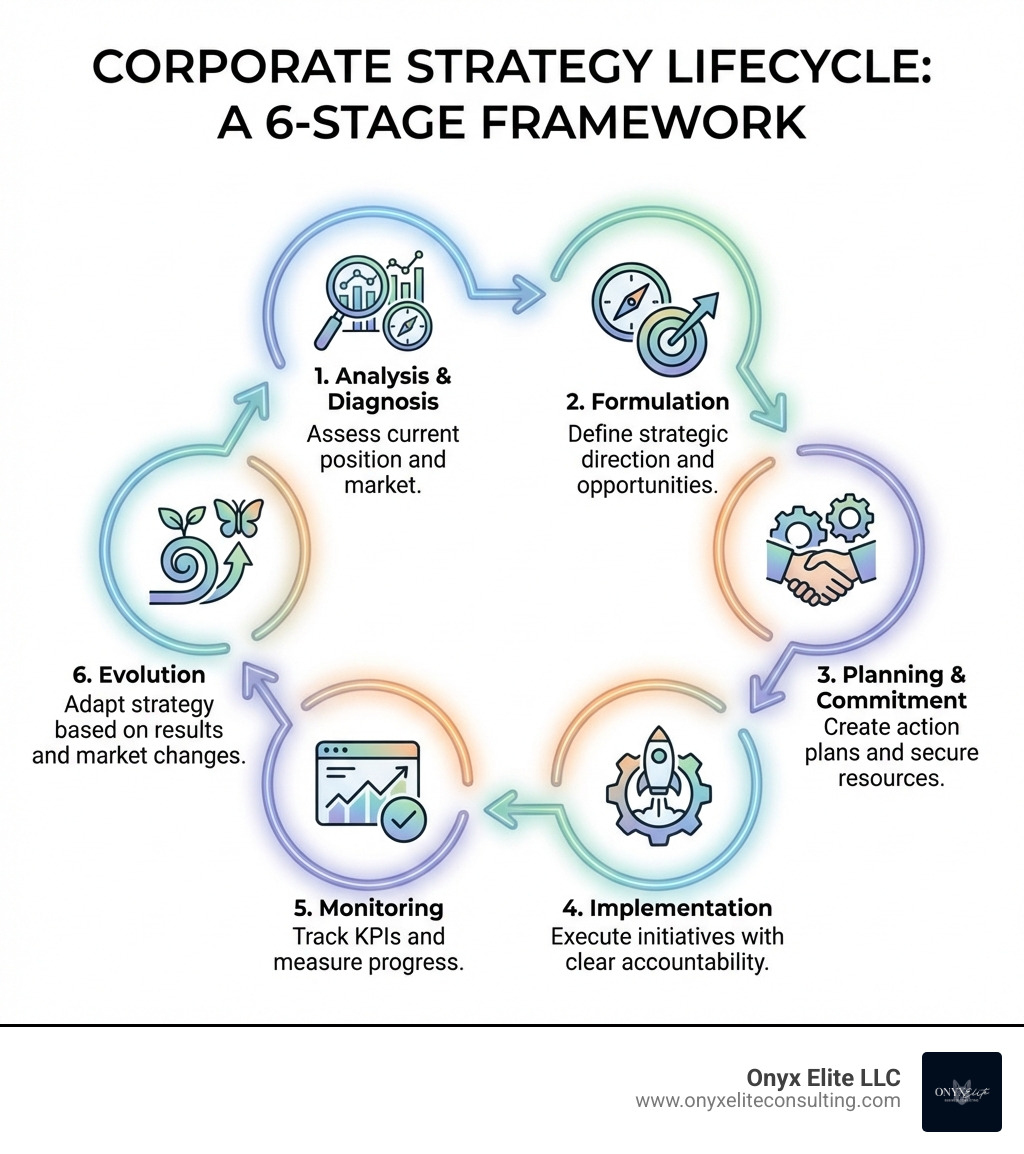Infographic showing the 6-stage corporate strategy lifecycle: 1. Analysis & Diagnosis - assess current position and market; 2. Formulation - define strategic direction and opportunities; 3. Planning & Commitment - create action plans and secure resources; 4. Implementation - execute initiatives with clear accountability; 5. Monitoring - track KPIs and measure progress; 6. Evolution - adapt strategy based on results and market changes - corporate strategy development infographic Infographic showing the 6-stage corporate strategy lifecycle: 1. Analysis & Diagnosis - assess current position and market; 2. Formulation - define strategic direction and opportunities; 3. Planning & Commitment - create action plans and secure resources; 4. Implementation - execute initiatives with clear accountability; 5. Monitoring - track KPIs and measure progress; 6. Evolution - adapt strategy based on results and market changes - corporate strategy development infographic